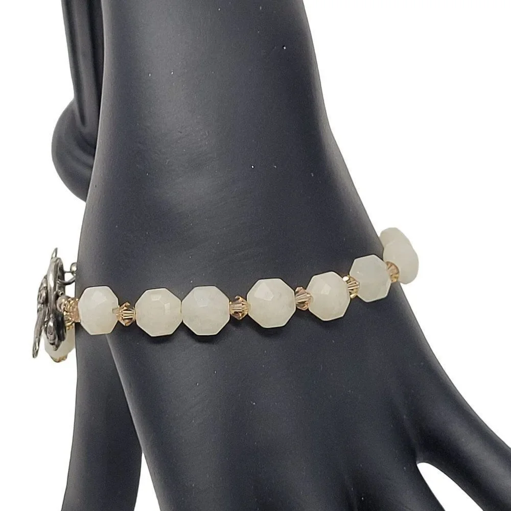 Artisan Handmade 925 Sterling Silver White Quartz Bicone Beaded Bracelet Healing